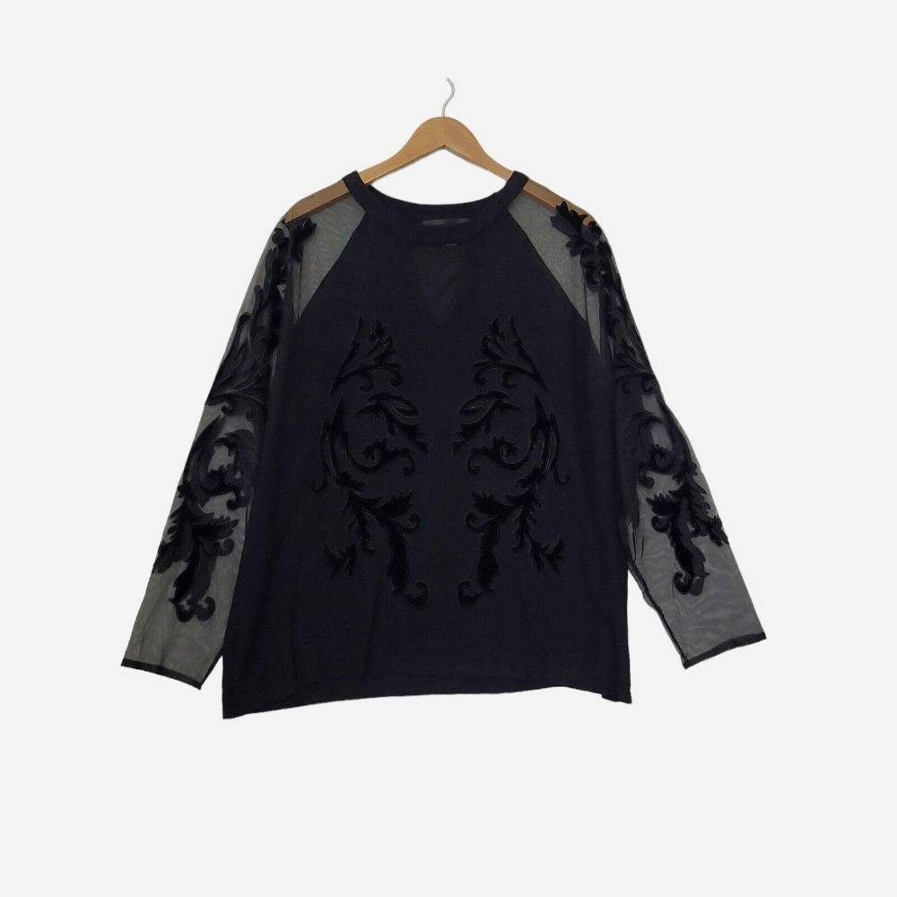 Colleen Lopez Sweater 2X Black Velvet Trim Lace Long Sleeve Crewneck Pullover